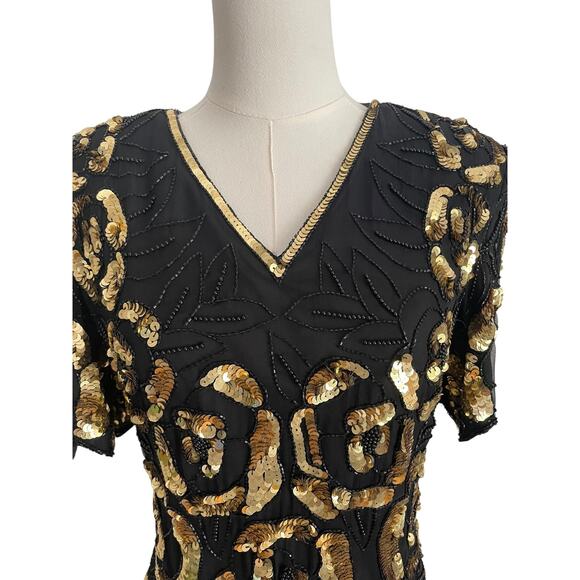VTG. Stenay Silk Blouse Womens S Black Gold Sequin Beaded Top 90s Glam New Years - Picture 2 of 10